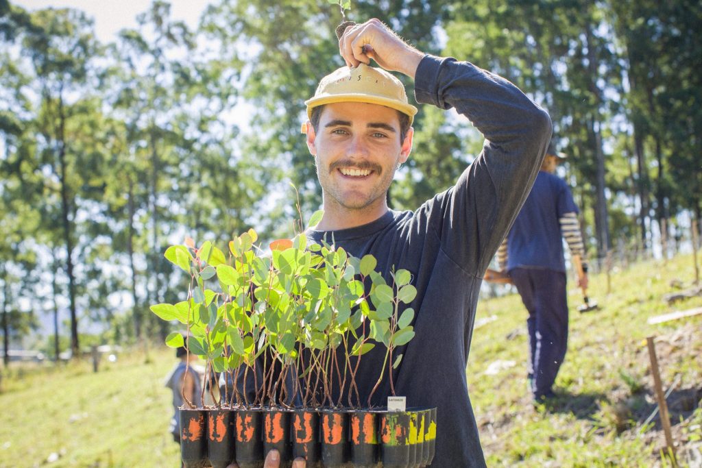 man with tree saplings ready to plant