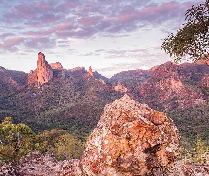 View of the Breadknife and Grand High Tops at sunset, Warrumbungle National Park.