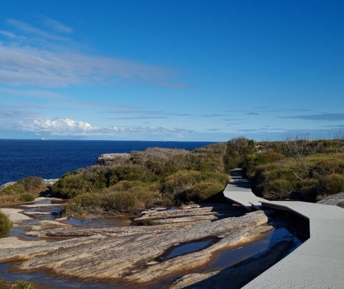 Footbridge section of Cape Baily Walking Track leading over rockpools beside the sea.