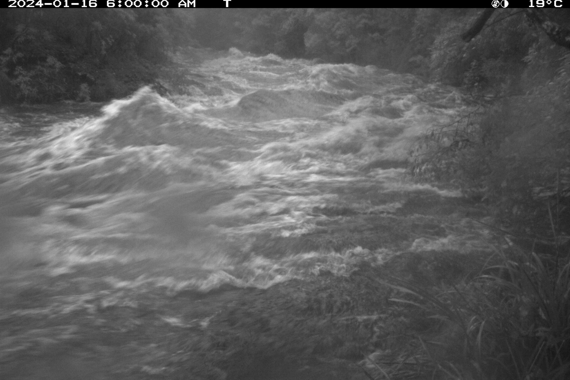 A black and white image of the same river bed in the previous image, except flooded with rushing water. The water has white caps on the top showing strong currents.