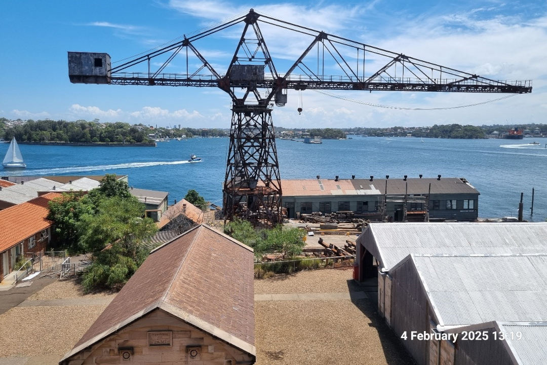 A broad, black crane standing above some old-style 19th and early 20th century buildings with Sydney Harbour directly behind it, with a wide blue sky and calm blue sea, speedboats and sailboats visible, and the thickly treed fingers of the land on the other side of the harbour.