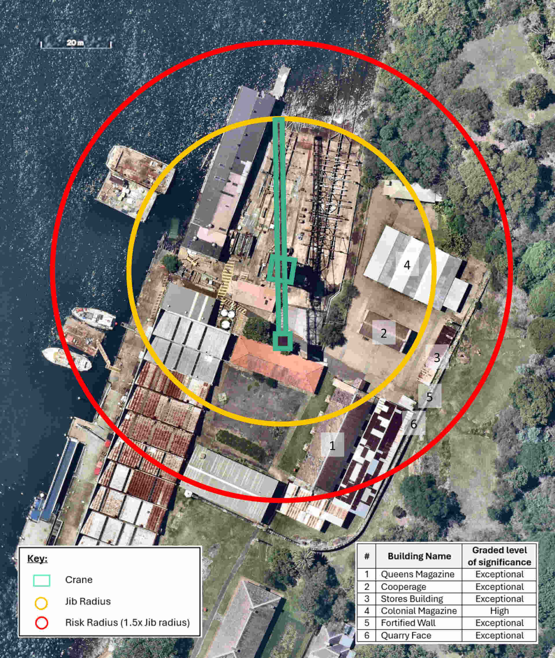 Satellite photograph of the edge of an island with a crane demarcated and then its jib radius around it, with then a wider risk radius around that which includes different buildings and structures
